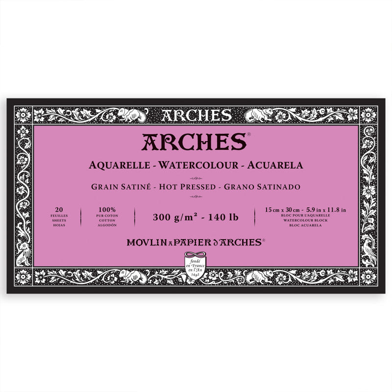 Aquarelle Watercolor Paper Block, Hot Press, Natural White, 140lb/300gsm, 20 Sheet, 5.9x11.8 inch, 1 Count