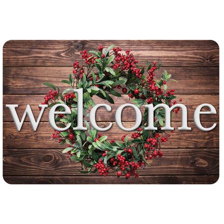 The Original Fun Mat&trade;, Welcome Mat, 15.5" x 23.5", Winter Berries Wreath Rustic Wood Welcome