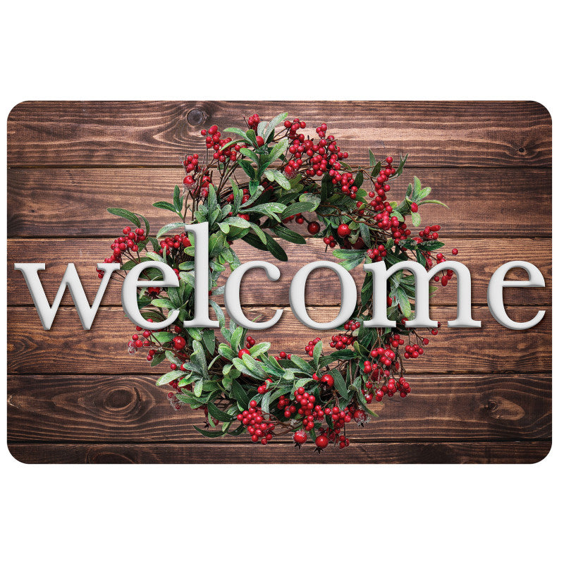 The Original Fun Mat&trade;, Welcome Mat, 15.5" x 23.5", Winter Berries Wreath Rustic Wood Welcome