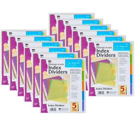 Index Dividers, 5-Tab, Assorted Colors, 5 Per Pack, 12 Packs