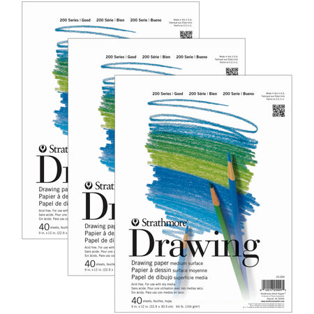 200 Series Drawing Pad, 40 Sheet, 9x12 inch, Pack of 3