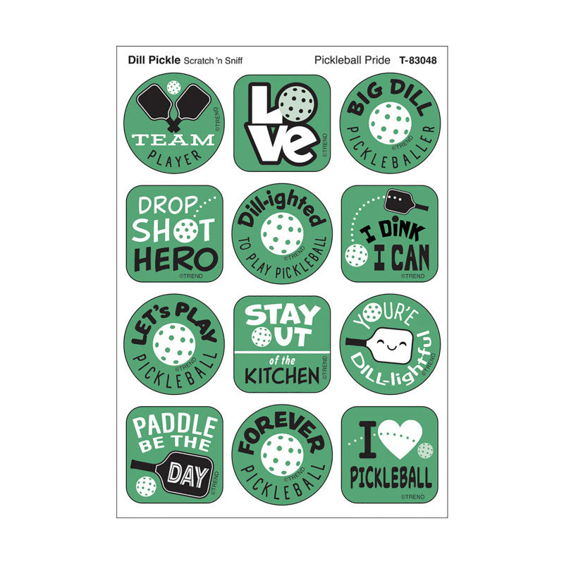 Pickleball DILL-ight, Dill Pickle Scent Scratch 'n Sniff Stinky Stickers&reg;, Pack of 48