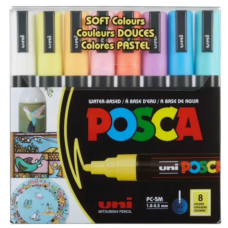 uni® POSCA PC-5M Soft Colors Water-Based Paint Markers, Reversible Medium Tip (1.8-2.5mm), Assorted Colors, 8 Pack