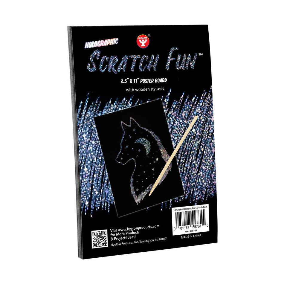 Hygloss Scratch Fun Posterboard HOLOGRAPHIC Black Matte Scratch Art, 10 Silver Holographic Papers 8.5" x 11" with 2 styluses (55681)