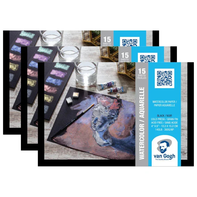 Watercolor Paper Pad, 140lbs, Black, Cold Press, 4" x 6", 15 Sheets, Pack of 3