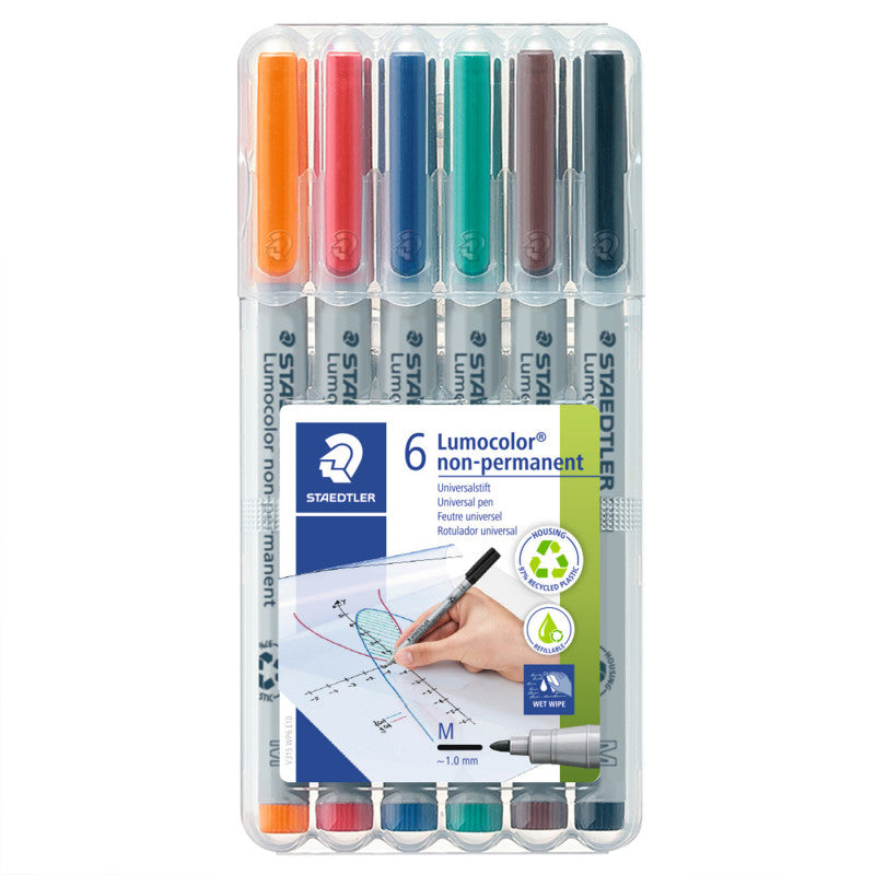 Lumocolor Non-Permanent, Wet Erase, Medium 1.0 mm, Assorted Colors, Set of 6