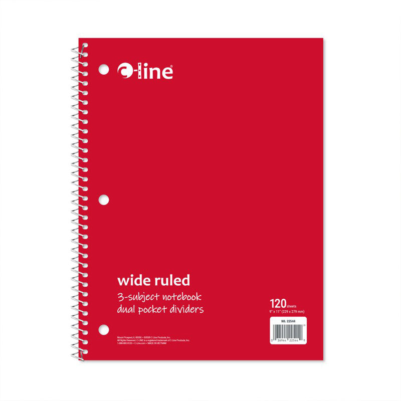 Wide-Ruled 3-Subject Notebook, 120 Sheets, Red