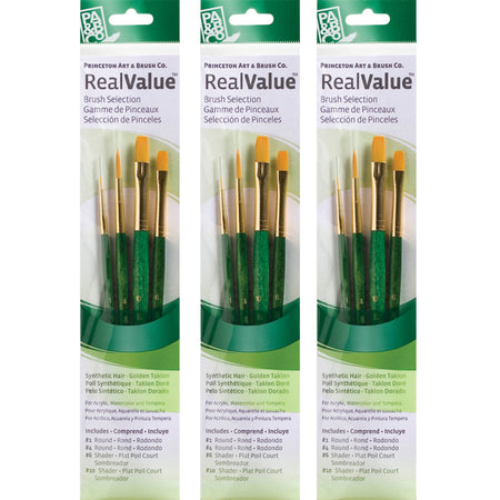 RealValue Brush Set, Gold Taklon Bristles, Short Handle Mixed Media Paintbrush, Green, 4 Per Set, 3 Sets