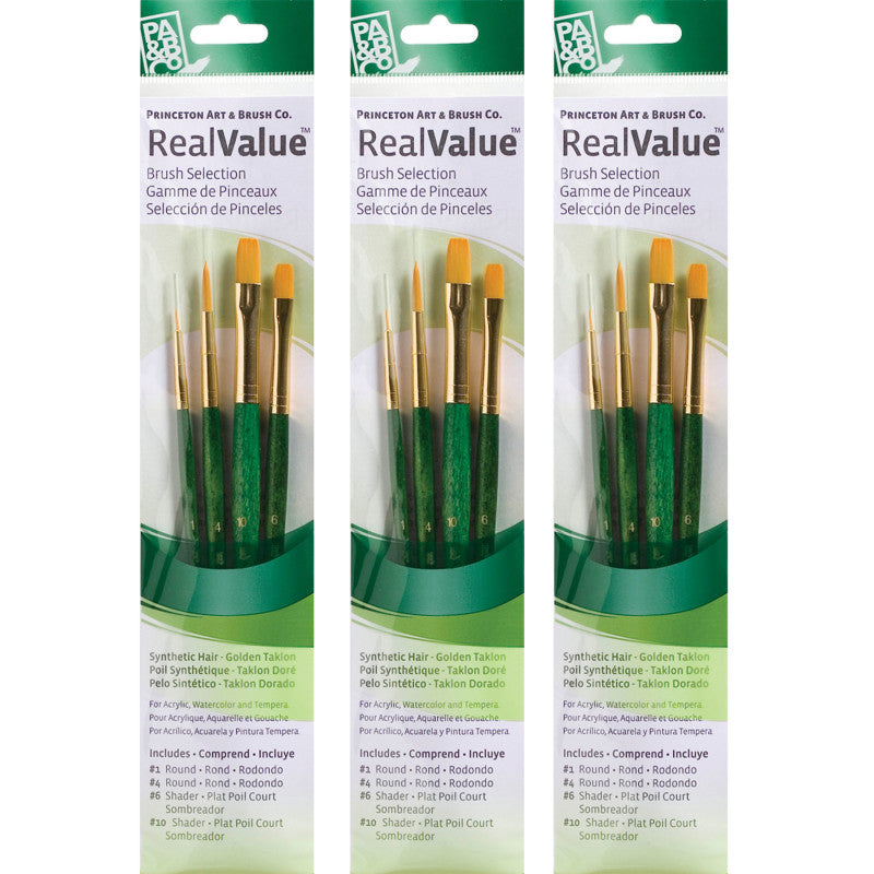 RealValue Brush Set, Gold Taklon Bristles, Short Handle Mixed Media Paintbrush, Green, 4 Per Set, 3 Sets