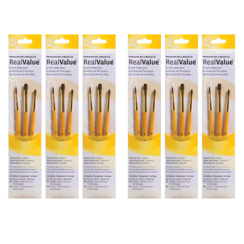 RealValue Brush Set, Camel Bristles, Short Handle Mixed Media Paintbrush, Brown, 3 Per Set, 6 Sets