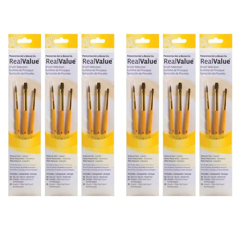 RealValue Brush Set, Camel Bristles, Short Handle Mixed Media Paintbrush, Brown, 3 Per Set, 6 Sets
