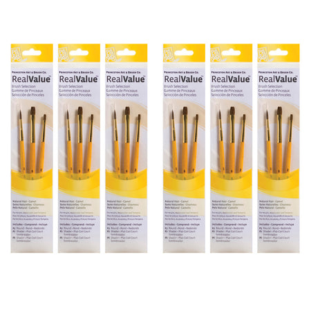 RealValue Brush Set, Camel Bristles, Short Handle Mixed Media Paintbrush, Brown, 3 Per Set, 6 Sets