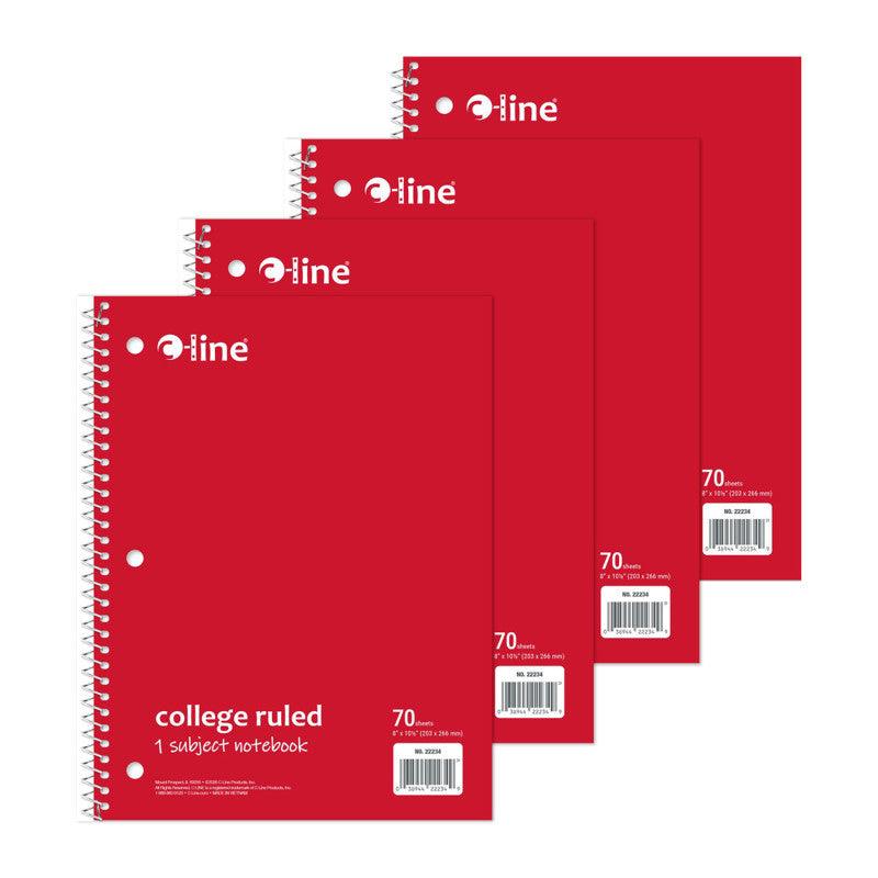 College-Ruled 1-Subject Notebooks, 70 Sheets, Red, 4-Pack