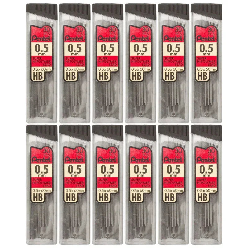HB Super Hi-Polymer Leads, 0.5mm, Black, 30 Per Pack, 12 Packs
