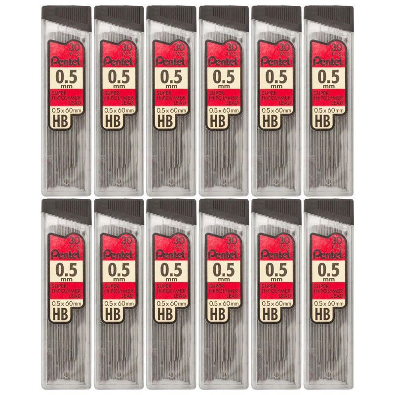 HB Super Hi-Polymer Leads, 0.5mm, Black, 30 Per Pack, 12 Packs