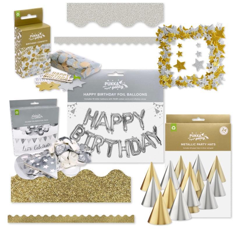 Metallic Shimmer Party Kit, Silver & Gold Birthday Decorations, Balloons, Hats, Confetti & Borders