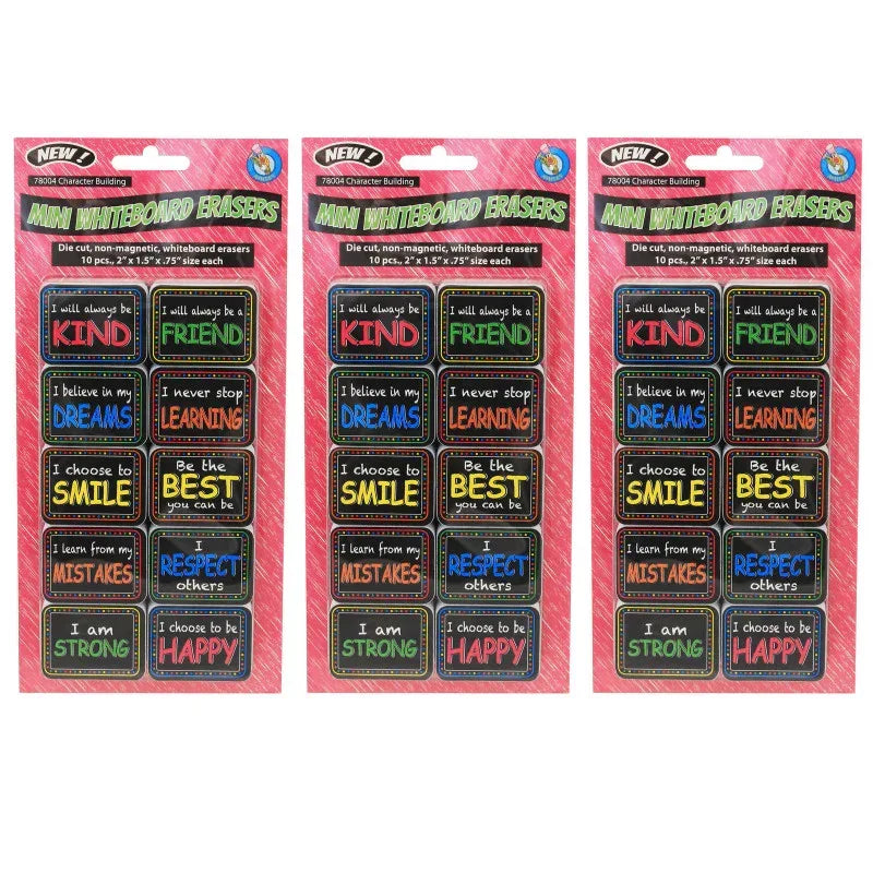 Non-Magnetic Mini Whiteboard Erasers, Character Building, 10 Per Pack, 3 Packs