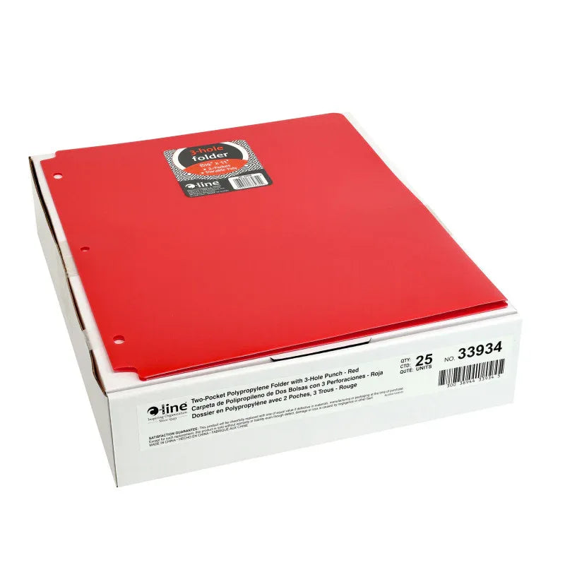Two-Pocket Heavyweight Poly Portfolio Folder with Three-Hole Punch, Red, Pack of 25