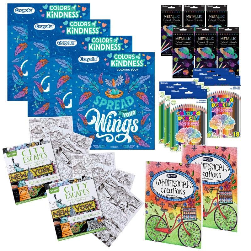 Adult Coloring Books & Colored Pencil Kit, Mindfulness Art Set with 8 Coloring Books & 180 Pencils, Relaxation & Creative Activity Kit