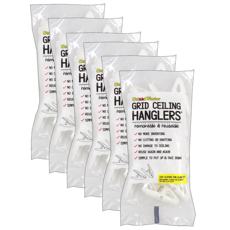 Grid Ceiling Hanglers&trade; Clothes Pin Clamps&trade;, 20 Per Pack, 6 Packs