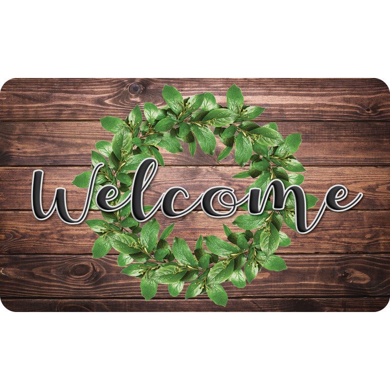 The Original Fun Mat&trade;, Welcome Mat, 18" x 30", Green Wreath on Wood Welcome