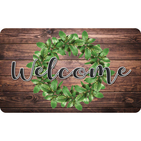 The Original Fun Mat&trade;, Welcome Mat, 18" x 30", Green Wreath on Wood Welcome