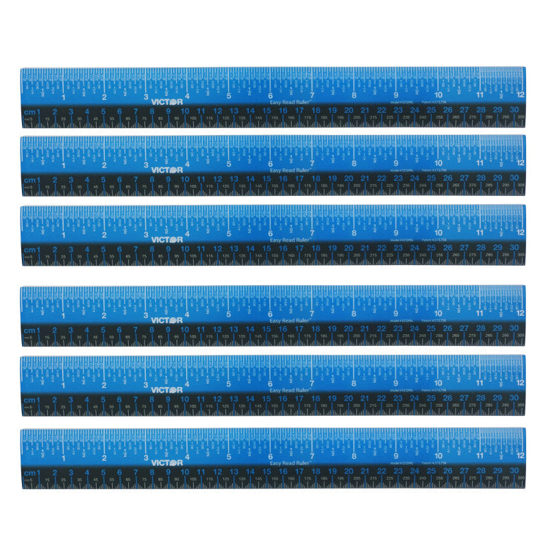 Easy Read&trade; Ruler, Plastic, Blue/Black, 12", Pack of 6