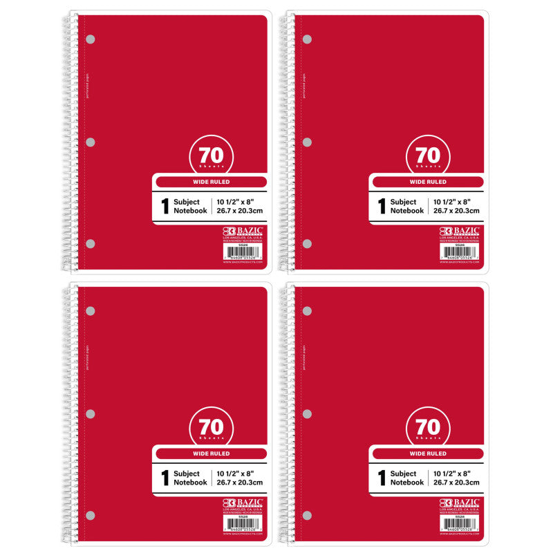 1-Subject Spiral Notebooks, Wide Ruled, 70 Count, Red, 4-Pack