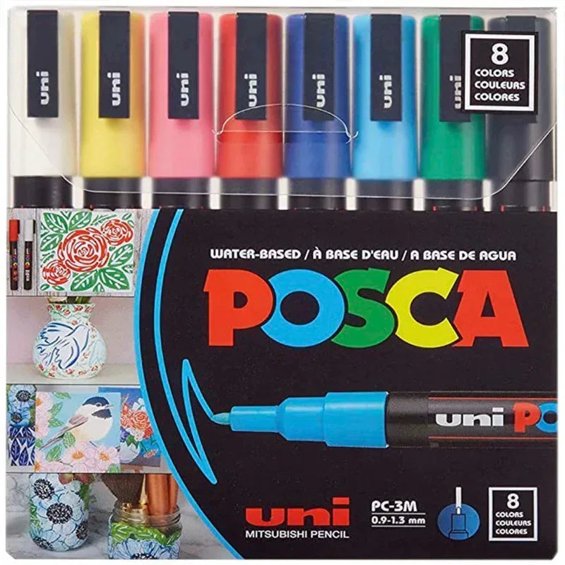uni® POSCA PC-3M Water-Based Paint Markers, Reversible Fine Tip (0.9-1.3mm), Assorted Colors, 8 Pack