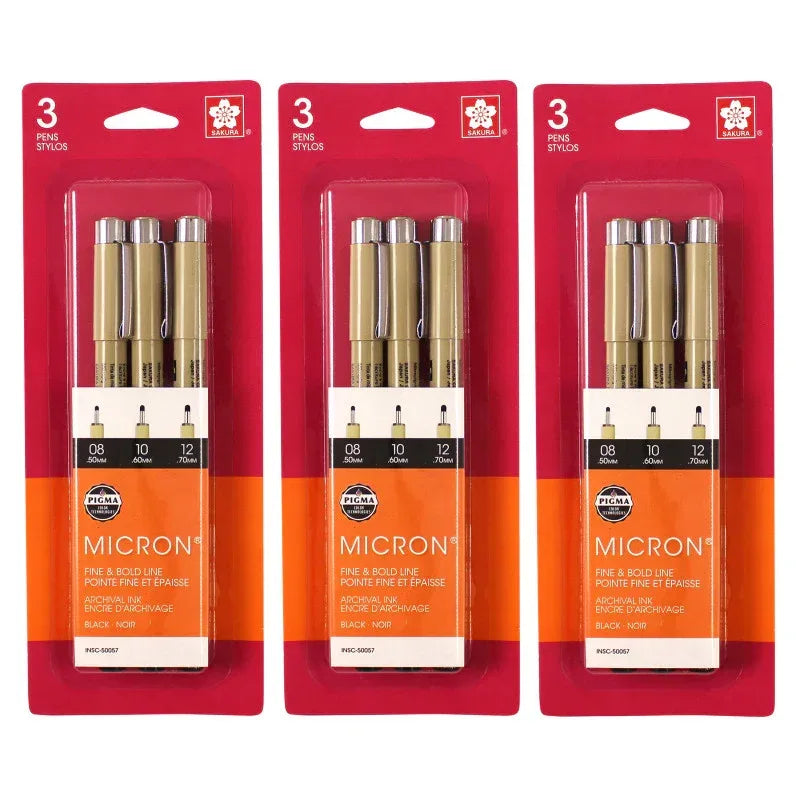 Pigma Micron Pens, Black, Assorted Sizes, 3 Per Set, 3 Sets