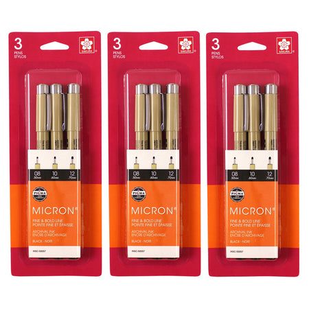Pigma Micron Pens, Black, Assorted Sizes, 3 Per Set, 3 Sets