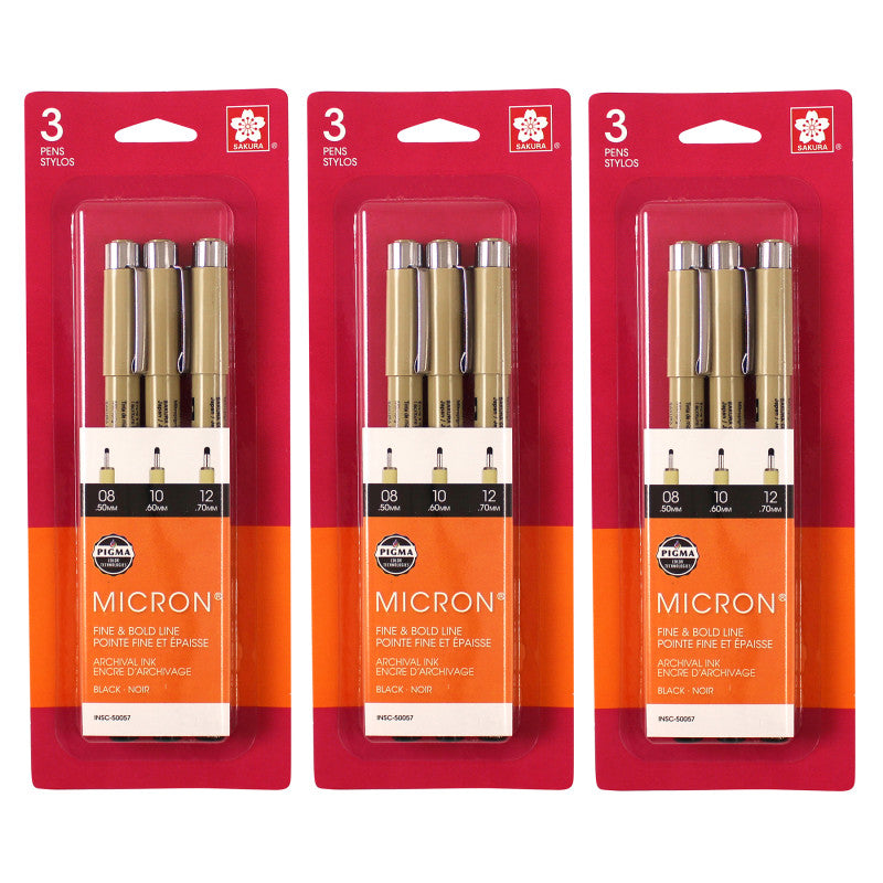 Pigma Micron Pens, Black, Assorted Sizes, 3 Per Set, 3 Sets