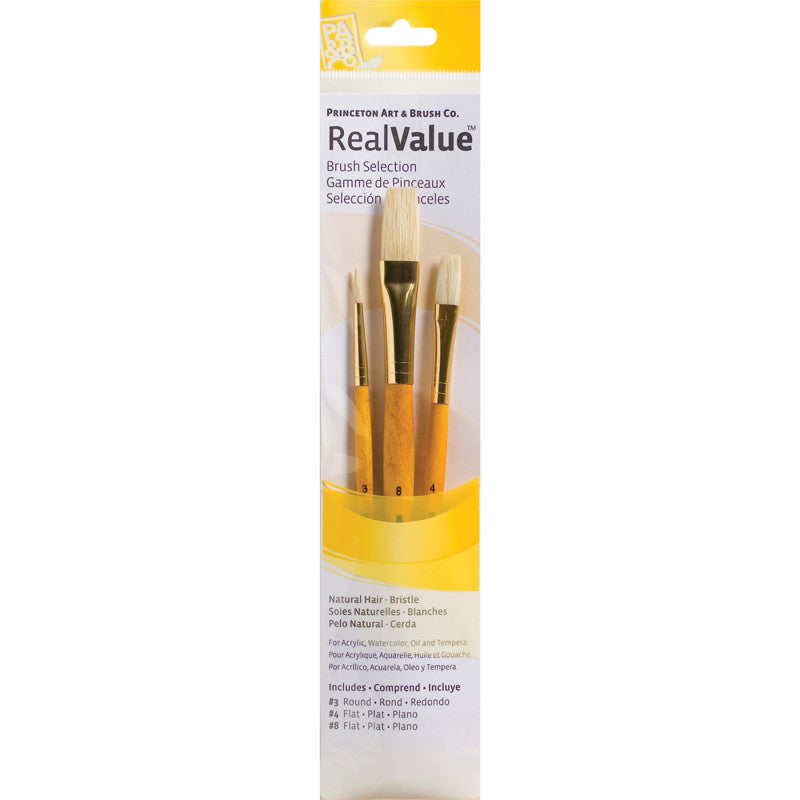 RealValue Brush Set, Natural Bristles, Short Handle Mixed Media Paintbrush, Yellow, 3 Pieces
