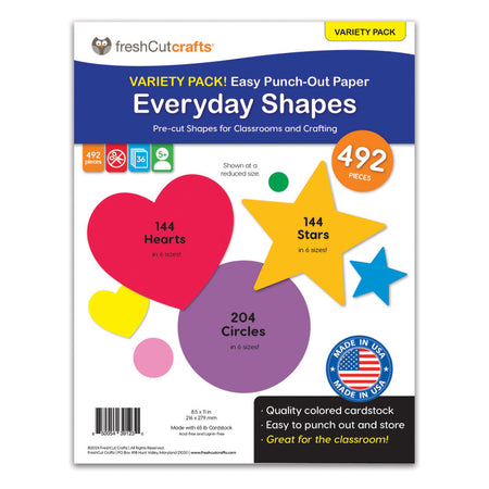 Punch Out Paper Cutouts, Everyday Shapes, Hearts, Stars & Circles, 492 Pieces