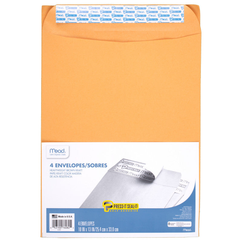 Press-It Seal-It&reg; Envelopes, 10" x 13", Pack of 4