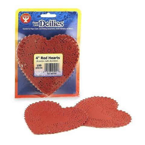 Hygloss Heart Paper Doilies Decorative, Red Lace Doilies, Disposable, 4” Diameter, 100 Pack (HYG91044)