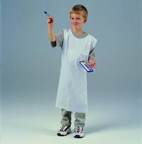 Disposable Paint Apron, Sleeveless, Youth Size White Plastic, 100 Aprons per Pack