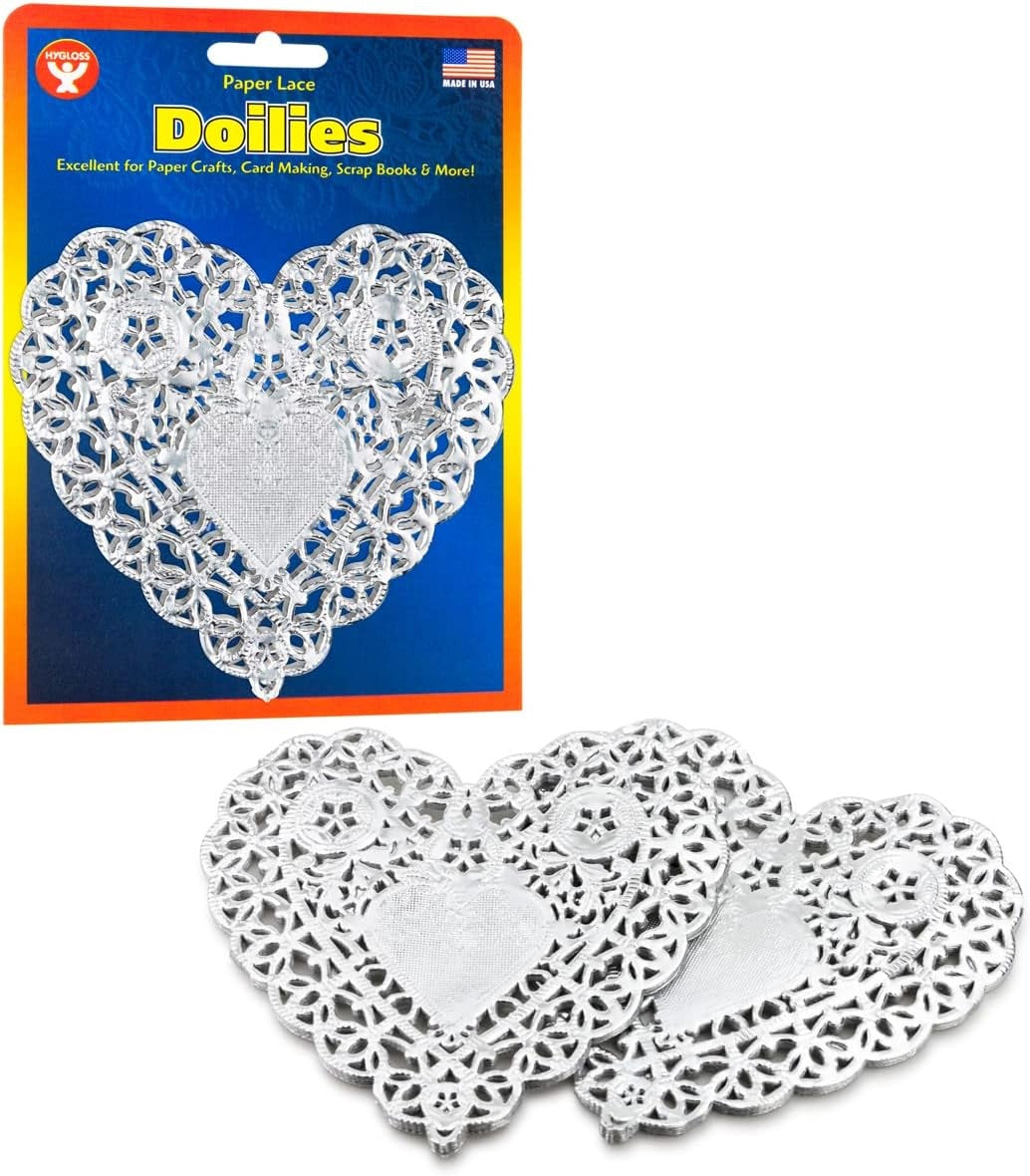 Hygloss Products Heart Doilies - 4 Inch Silver Foil Doily For Crafts, Table Settings Made In USA, 12 Pack