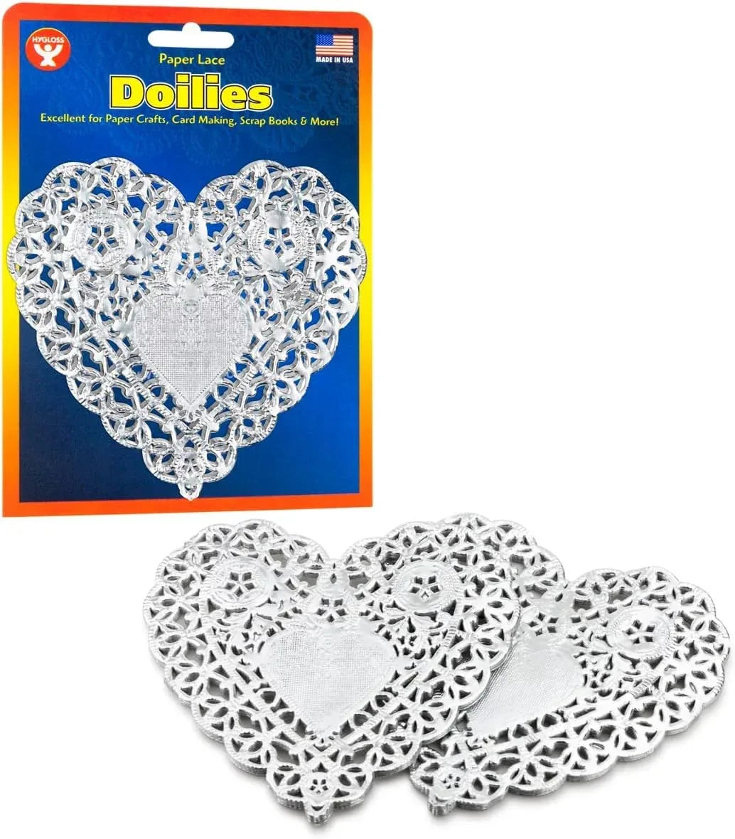 Hygloss Products Heart Doilies - 4 Inch Silver Foil Doily For Crafts, Table Settings Made In USA, 12 Pack