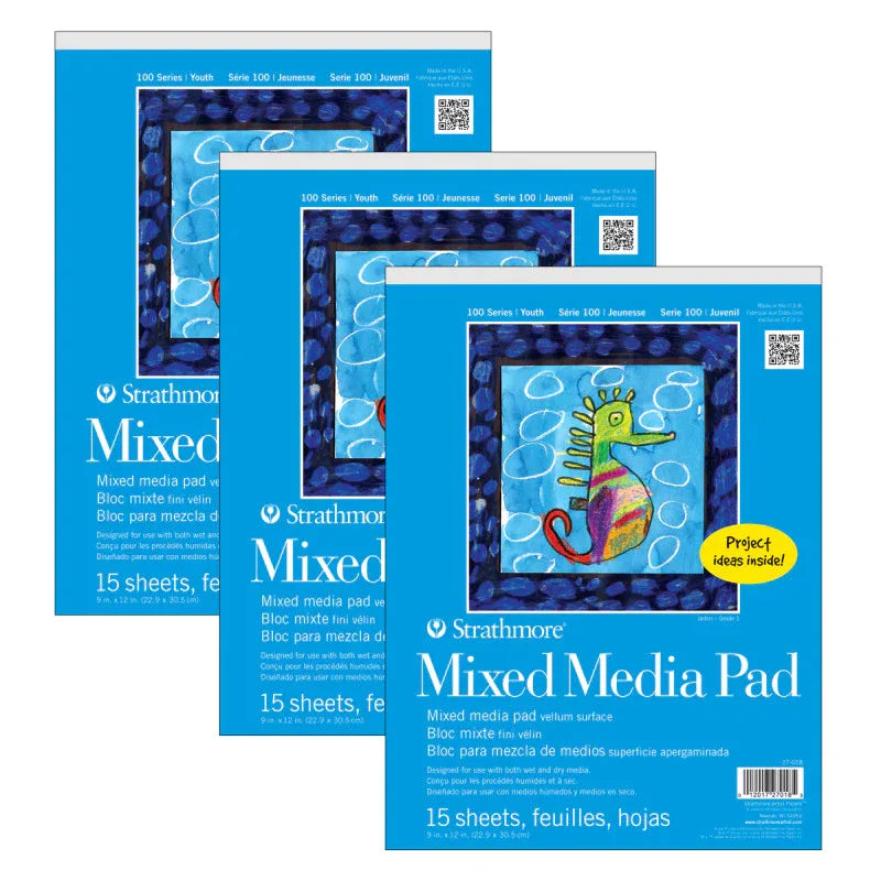 100 Series Mixed Media Pad, 15 Sheet, 9x12 inch, Pack of 3