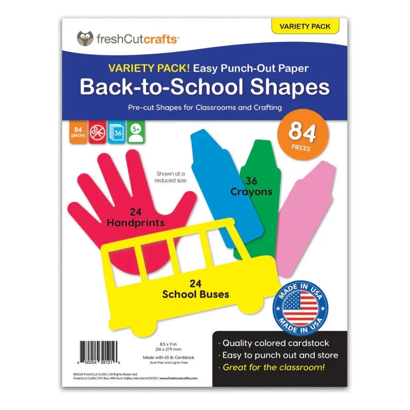 Punch Out Paper Cutouts, Back to School Shapes, Handprints, Crayons & School Bus, 84 Pieces