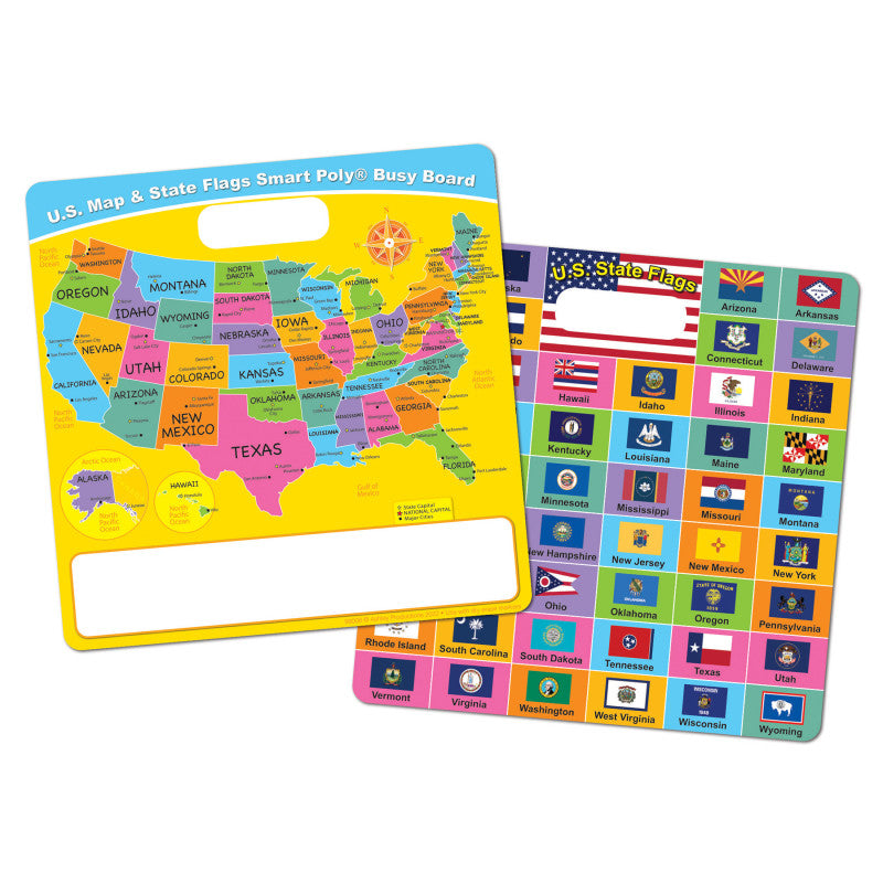 Smart Poly&reg; Educational Activity Busy Board, Dry Erase with Marker, 10-3/4" x 10-3/4", US Map/ State Flags