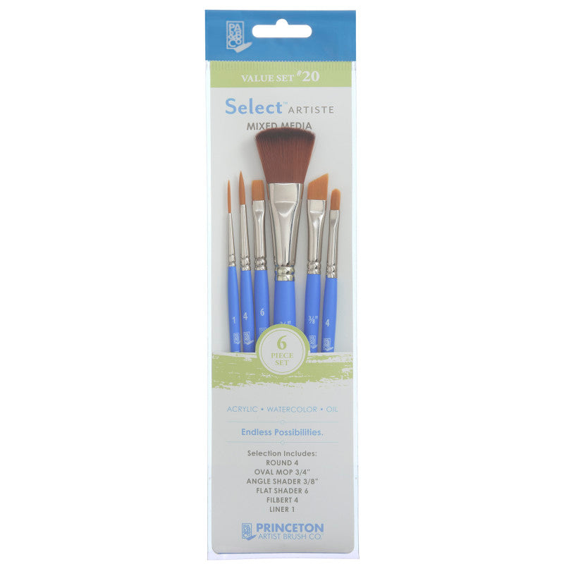 Select Artiste Brush Set No. 20, Synthetic Bristles, Short Handle Mixed Media Paintbrush, Jewel Blue, 6 Pieces