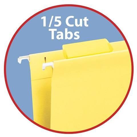 Hanging File Folder with Tab, 1/5-Cut Adjustable Tab, Letter Size, Yellow, 25 per Box