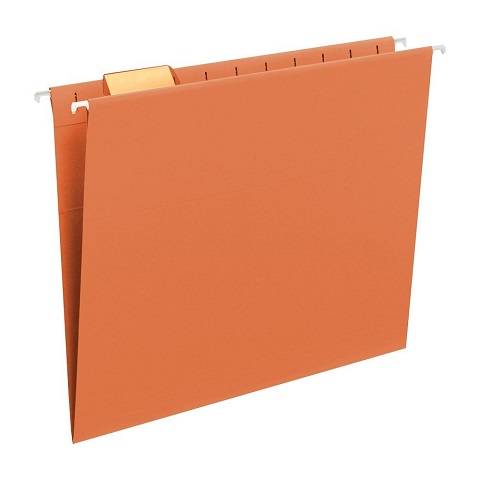 Hanging File Folder with Tab, 1/5-Cut Adjustable Tab, Letter Size, Orange, 25 per Box