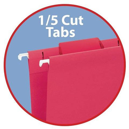 Hanging File Folder with Tab, 1/5-Cut Adjustable Tab, Letter Size, Red, 25 per Box