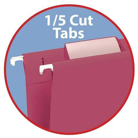 Hanging File Folder with Tab, 1/5-Cut Adjustable Tab, Letter Size, Burgundy, 25 per Box