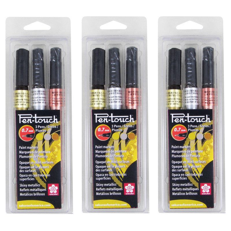 Pen-Touch Markers, 0.7mm, Assorted Metallics, 3 Per Set, 3 Sets