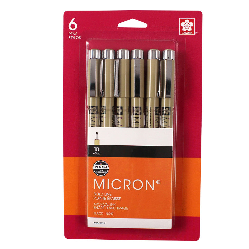 Pigma Micron Pens, Black, Size 10, 6-Pack, Blister Card