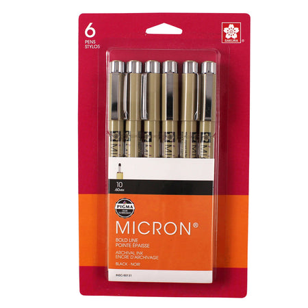 Pigma Micron Pens, Black, Size 10, 6-Pack, Blister Card